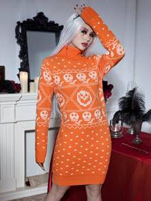 PUNK Halloween Skull Pattern Turtleneck Sweater Dress - Orange - View 6