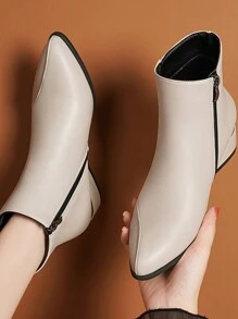 Fall/Winter Women's High-End Beige Leather Patchwork Pointed Toe Metallic Glossy 4cm Chunky Heel Side Zipper Fashionable Sexy Party Short Ankle Chelsea Boots,Boots For Women