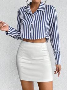 Chiquease In sọc Nút phía trước Mùa vụ Áo sơ mi - Màu xanh lam - Xem 4