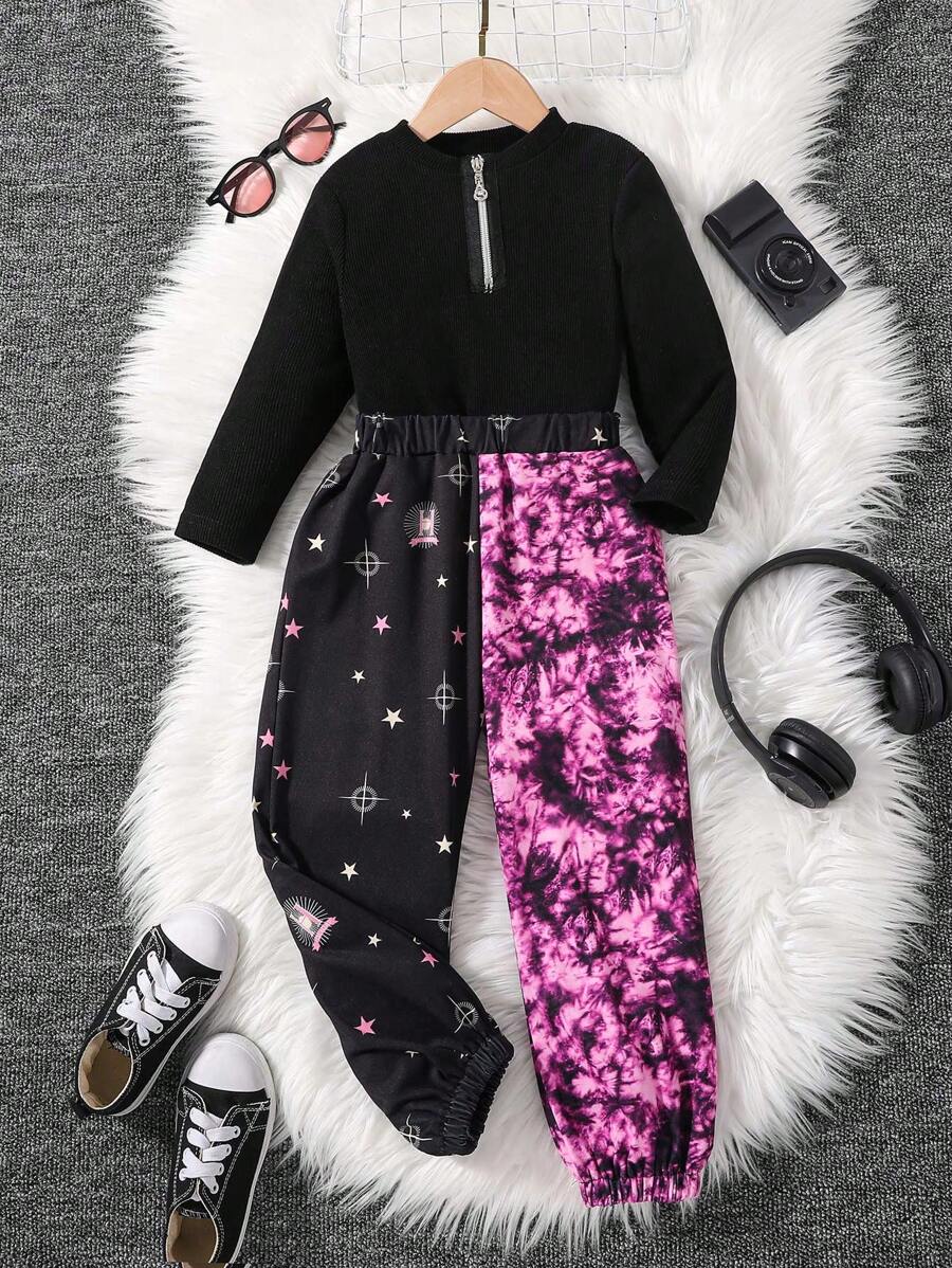 SHEIN Cô Gái Trẻ Một nửa khóa kéo Áo thun & Nhuộm buộc Quần thể thao - màu đen - Xem 1