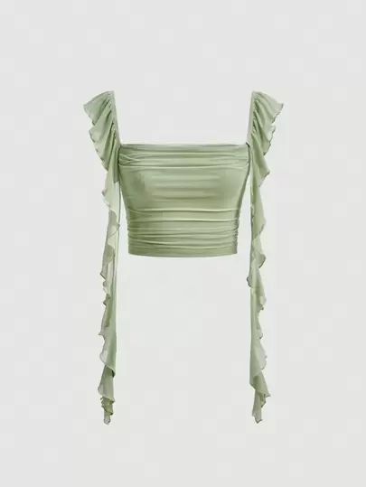 SHEIN MOD Kant med Volanger Rynkad Gröda Grön Band Topp , Klänningar