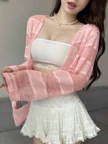 DAZY Solid Open Knit Crop Jacket Sheer - Pink - View 1