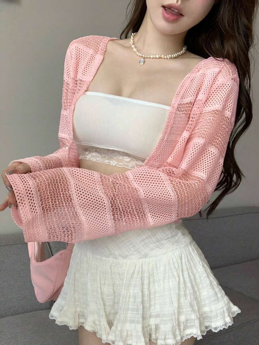 DAZY Solid Open Knit Crop Jacket Sheer - Pink - View 1