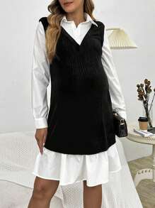 SHEIN Maternity 2 In 1 Ruffle Hem Dress - Black - View 1
