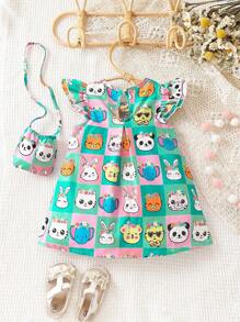 SHEIN 嬰兒卡通圖案荷葉邊連衣裙帶配件包 - 彩色 - 查看 2