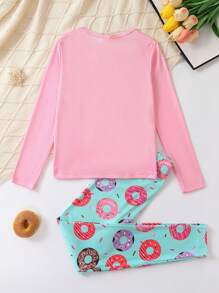 Tween Girl Donut & Letter Graphic Tee & Pants Snug Fit PJ Set