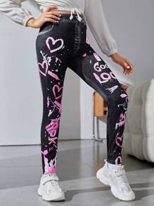 SHEIN Tween Girl Heart Print Leggings - Multicolor - View 1