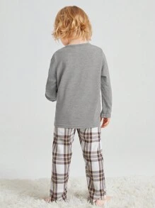 SHEIN 男小童半排扣T恤&格紋長褲睡衣套裝