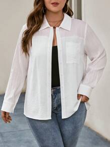 SHEIN LUNE Plus Solid Button Front Shirt - White - View 1