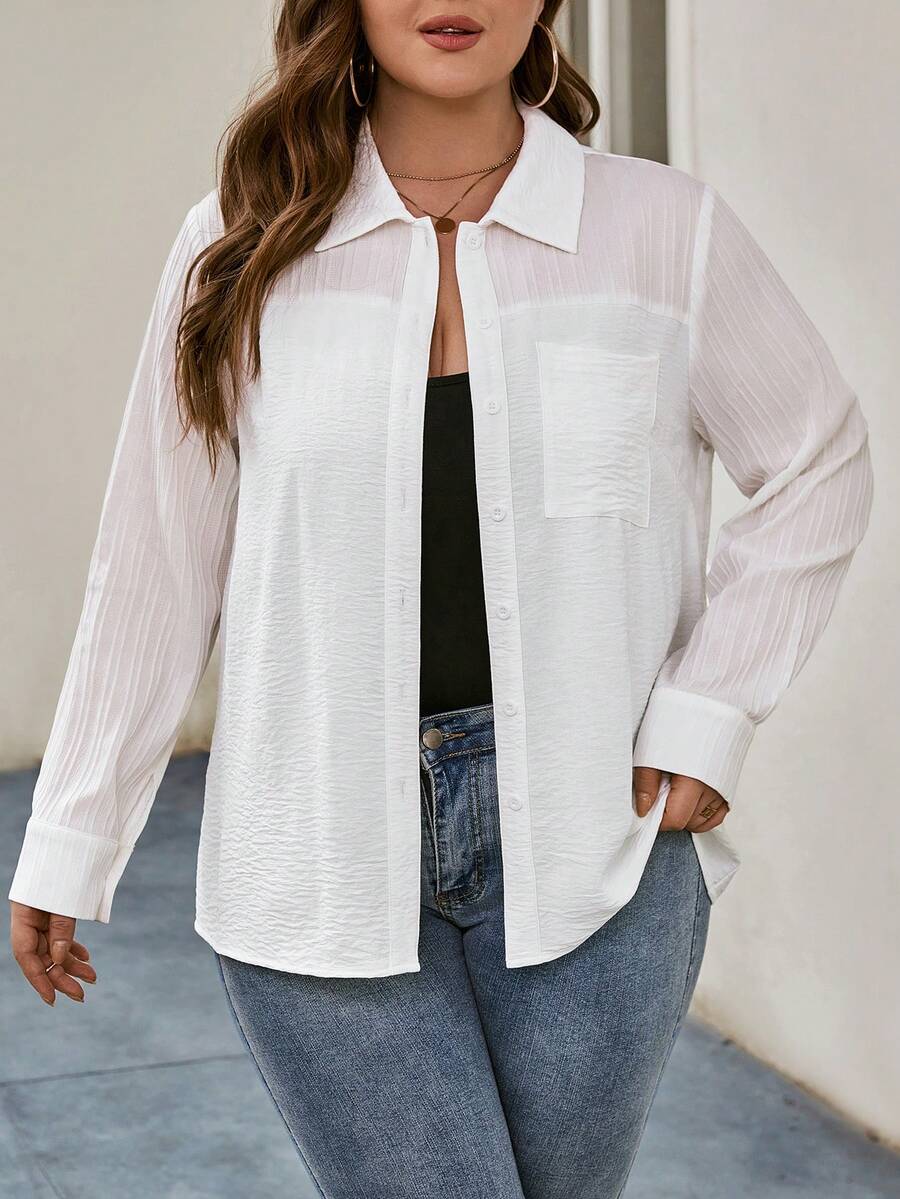 SHEIN LUNE Plus Solid Button Front Shirt - White - View 1