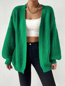 SHEIN Essnce 落肩休闲设计开衫 - 綠色 - 查看 3