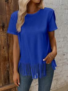 SHEIN LUNE Solid Fringe Hem Tee - Royal Blue - View 3