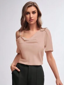 BizChic Pearls Beaded Asymmetrical Neck Blouse - Dusty Pink - View 3