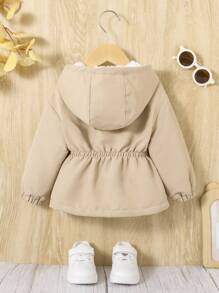 SHEIN Veste à capuche décontractée pour bébé fille de couleur kaki à cordon de serrage à la taille et doublure thermique, veste à capuche pour bébé fille avec détail à rabat, hiver