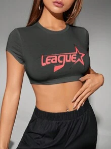 SHEIN ICON 星星&字母圖案短款上衣 - 深灰色 - 查看 1