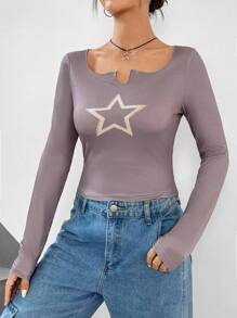 SHEIN EZwear تي شيرت بطباعة قمر ياقة مفتوح - رمادي - مشاهدة 6