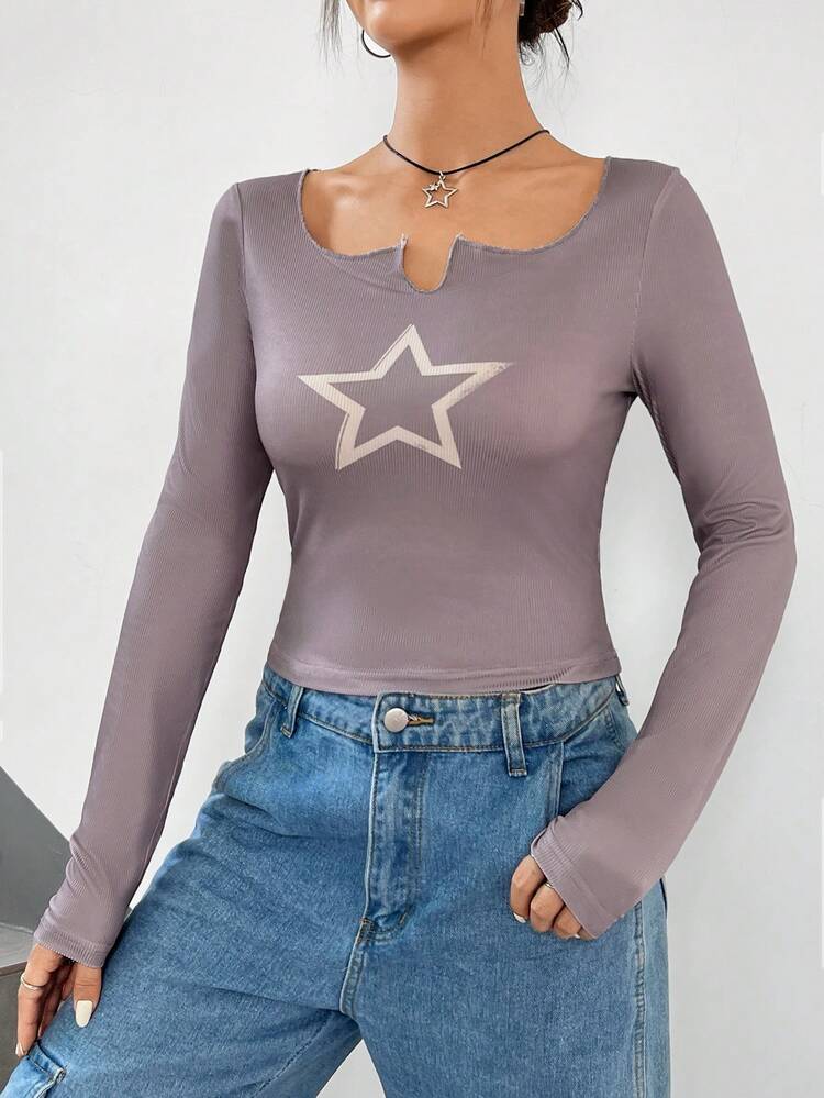 Star Print Notched Neck Tee