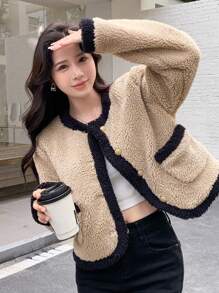 DAZY Contrast Trim Dual Pocket Teddy Jacket - Multicolor - View 7