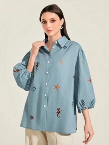 Mulvari 海馬刺繡燈籠袖襯衫 - 淺藍色 - 查看 7