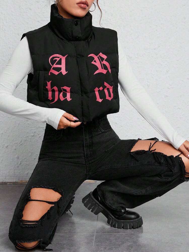Letter Graphic Winter Vest Coat