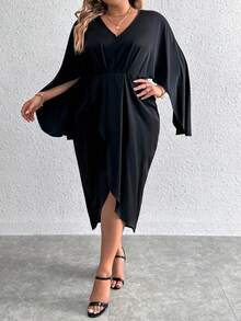 Celure Hơn Chất rắn tay cánh Váy Wrap Hem - màu đen - Xem 4