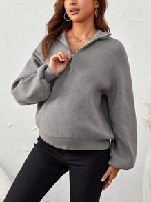 SHEIN Áo len trễ vai nửa khóa kéo cho bà bầu, dành cho mùa đông - màu nâu - Xem 5