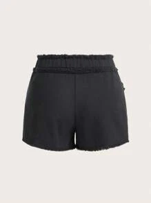SHEIN ICON Zip Fly Flap Pocket Raw Trim Shorts - Black - View 2