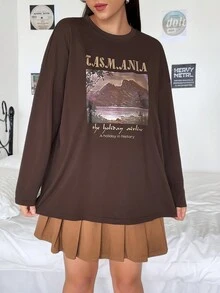 SHEIN EZwear Plus Mountain & Slogan Graphic Drop Shoulder Tee - Apricot - View 6