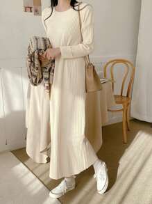 DAZY 實色肋紋針織毛衣連身裙 - 杏色 - 查看 8