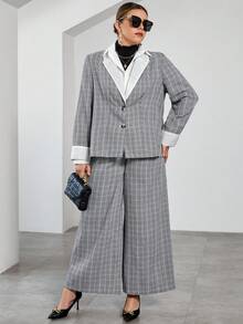 SHEIN Privé Plus 1pc Contrast Peak Collar Plaid Blazer and 1pc Pants Set - Multicolor - View 3