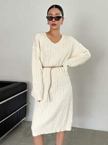 DAZY 素色落肩袖麻花編織毛衣洋裝 - 米色 - 查看 4