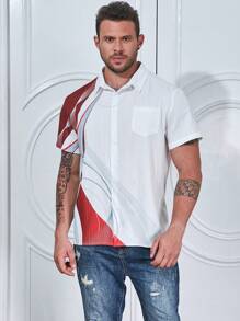 Manfinity Homme Men Plus Colorblock Pocket Patched Shirt - Red and White - View 5