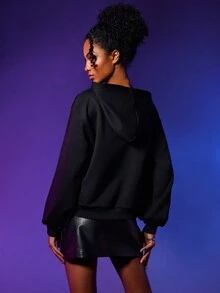 BATMAN X SHEIN Slogan Graphic Drop Shoulder Hoodie - Black - View 2