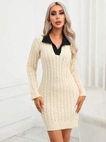 SHEIN Privé Viền tương phản Xoắn Dan Thả vai Đầm Áo len Không có thắt lưng - Màu be - Xem 3