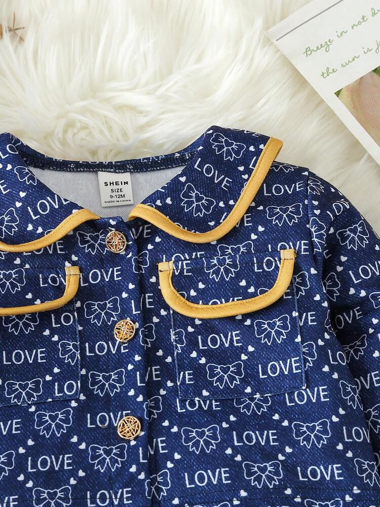 Baby Girl Letter & Bow Print Peter Pan Collar Flap Detail Jacket & Skirt