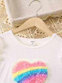 SHEIN 年轻女孩心形印花纹理 T 恤和牛仔效果喇叭裤套装 - 藍白色 - 查看 6