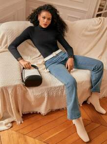 SHEIN Frenchy Pull Ourlet En Dentelle À Col Montant Côtelé Ajusté