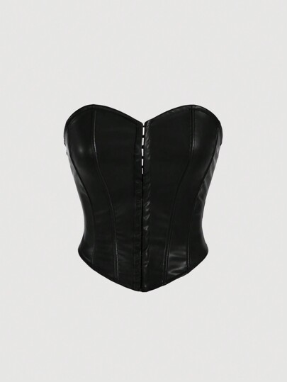 SHEIN x Marika Sila SHEIN MOD Solid Center Front Button Decoration PU Leather Black Tube Top