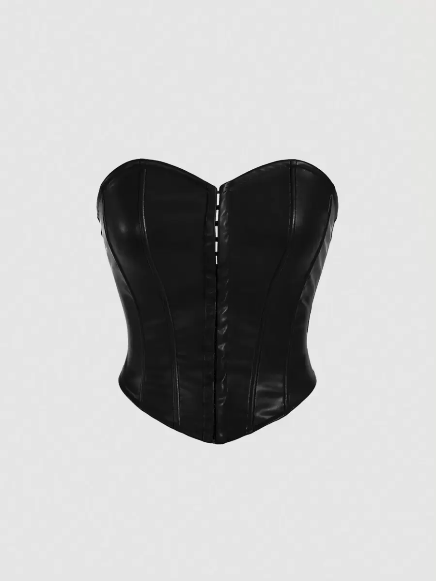 SHEIN x Marika Sila SHEIN MOD Áo ống màu đen bằng da PU, có khuy cài phía trước, thích hợp cho mùa xuân/hè. Áo corset giả da màu đen thời trang, thiết kế không dây vai với khóa móc cài, tạo vẻ ngoài sang trọng, thích hợp đi chơi, dự tiệc, ôm sát cơ thể, đi nghỉ mát, trang phục lễ hội, áo đi club, áo gợi cảm. - màu đen - Xem 1