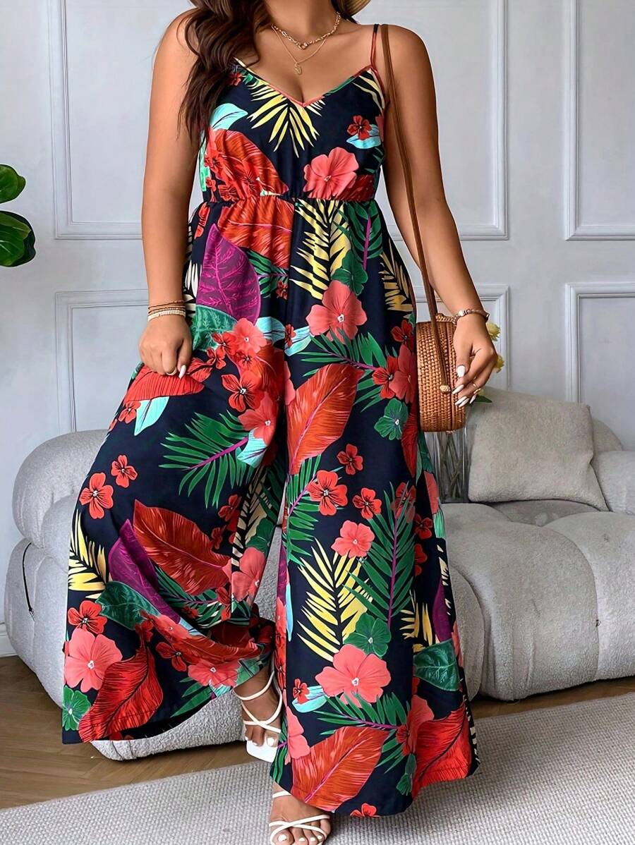 SHEIN Holidaya Plus Size Boho Tropical Print Wide Leg Cami Jumpsuit, For Summer - Multicolor - View 1