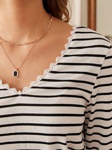 SHEIN Frenchy Striped Print Button Back Tee - Black and White - View 6