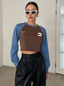 DAZY Letter Graphic Raglan Sleeve Crop Sweatshirt - Multicolor - View 3