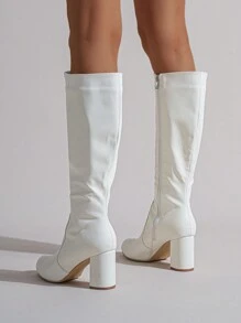 Botas altas de mujer de moda, botas largas casuales, zapatos de tacón grueso estilo británico, otoño/invierno - Blanco - Ver 2