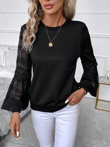 SHEIN Clasi 蕾絲拼接燈籠袖運動衫 - 黑色 - 查看 3