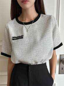 DAZY Patched Detail Contrast Binding Tee - Light Grey - View 3