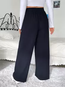 SHEIN EZwear Hơn Cao eo Túi nghiêng Quần ống rộng - màu đen - Xem 2