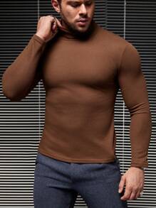 GENTILAND Hombres Camiseta unicolor cuello alto - Café integral - Ver 4