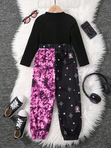 SHEIN Cô Gái Trẻ Một nửa khóa kéo Áo thun & Nhuộm buộc Quần thể thao - màu đen - Xem 2