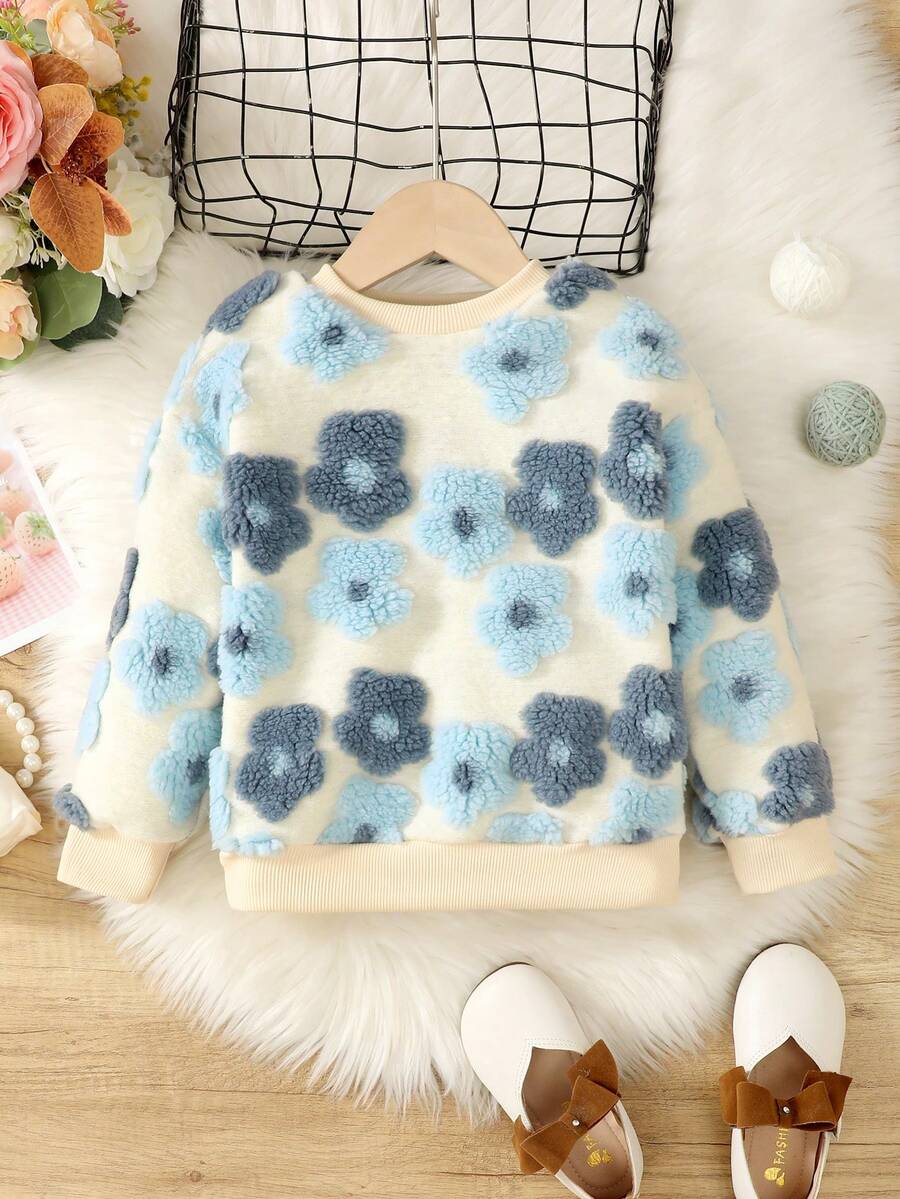 SHEIN 女小童花卉圖案落肩袖絨毛運動衫 - 藍白色 - 查看 1