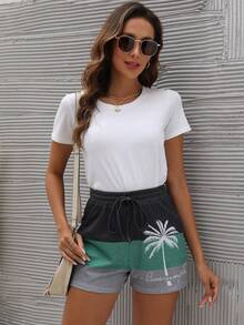 SHEIN LUNE Coconut Tree & Letter Graphic Colorblock Drawstring Waist Shorts - Multicolor - View 3